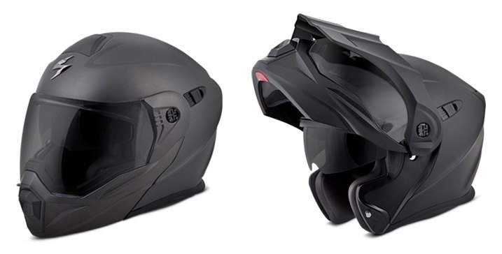 Scorpionexo Solid Adventure Touring Modular Helmet In Closed And Open Positions