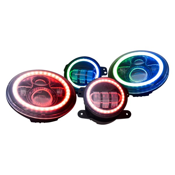 Race Sport® - 7" Round ColorSMART™ Chasing Black RGB Halo Projector LED Headlights with Fog Lights