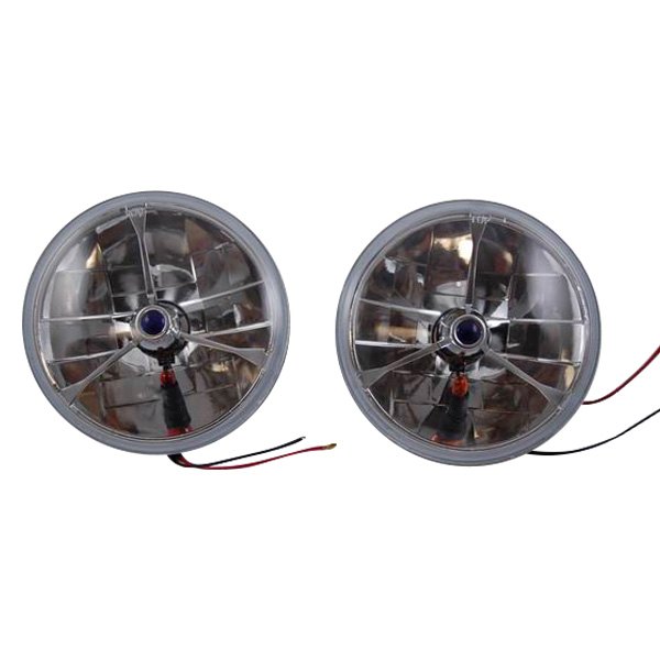 Racing Power Company® - 7" Round Tri-Bar Chrome Crystal Headlights with Amber Turn Signal and Blue Dot